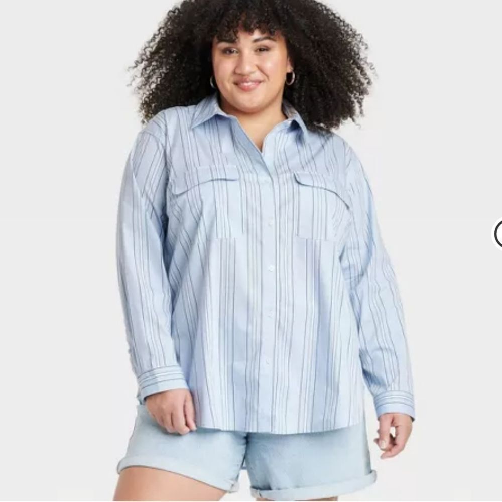 🆕️👚Long-Sleeve Relaxed Button-Down Striped Shirt, Sz 2X, 3X - Blue